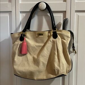 J.Crew Factory Large Linen Bag w/ Black Leather Accents w/ Pink Tassel Keychain